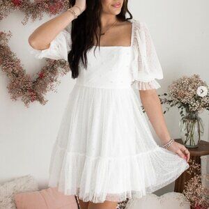 Pearl Stud Mesh Babydoll Mini Dress